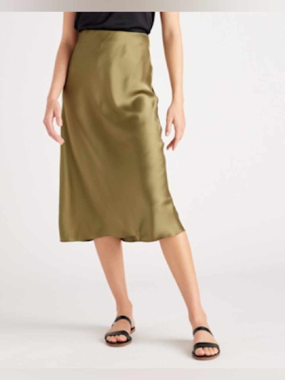 Quince Military Olive Green Washable Silk Midi Skirt